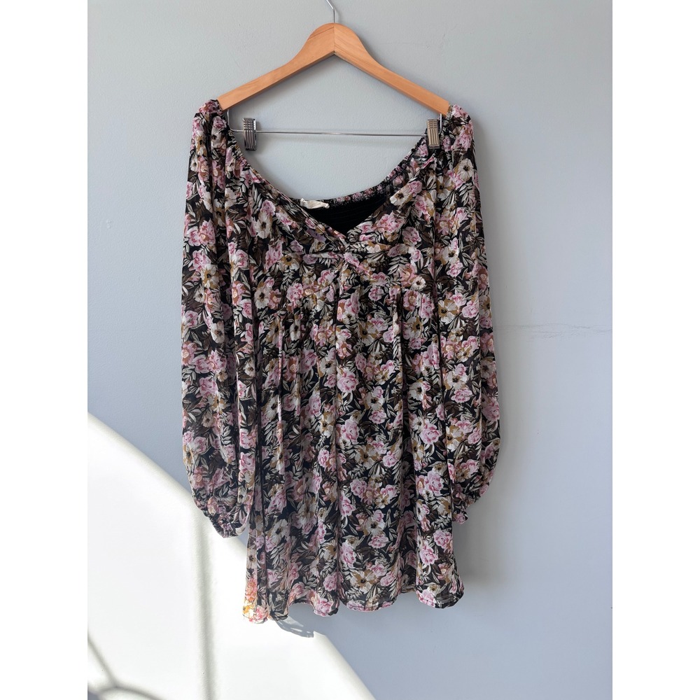 Altar'd State Floral Chiffon Long Sleeve Mini Dress Pink Black Smocked‎ Small